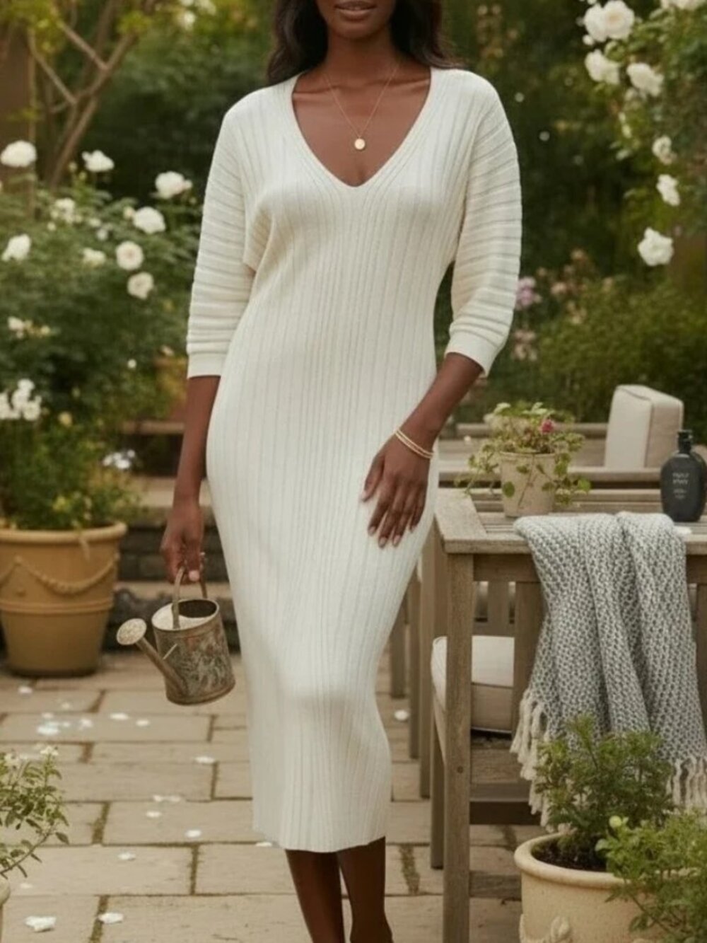 Maeve Anthropologie Ivory Maris Ribbed Sweater Midi Dress
